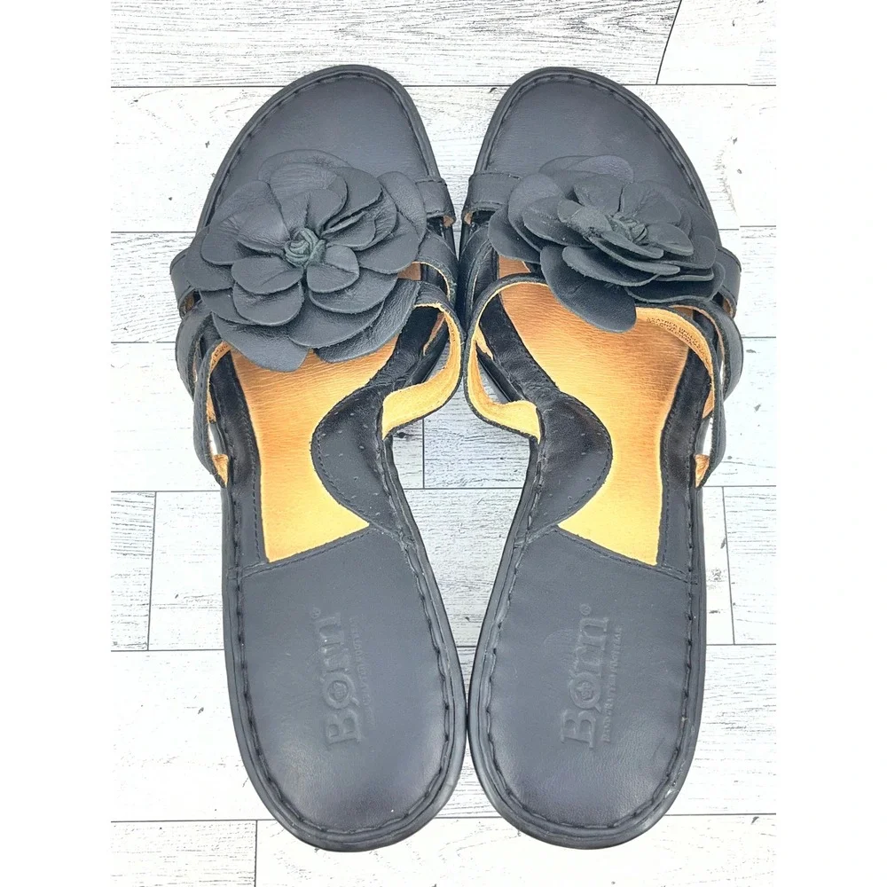 Born Black Leather Wedge Sandals Floral Rosette Slip On Mules Platform Women 10